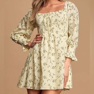 Lulu's “Doting Over You” Light Yellow Floral Print Smocked Mini Dress